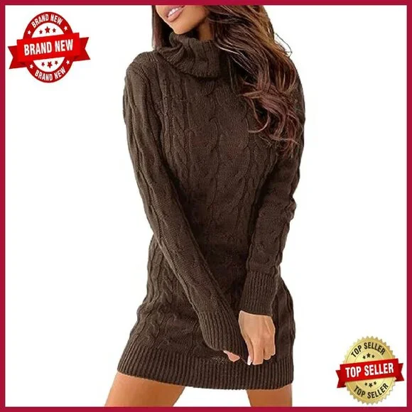 Cable Knit Turtleneck Sweater Dress Long Sleeve Bodycon Mini - Picture 2 of 8